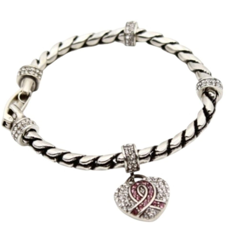 Brighton‎ Silver Plated Braided Bracelet w Pink Ribbon Heart Charm Meridian